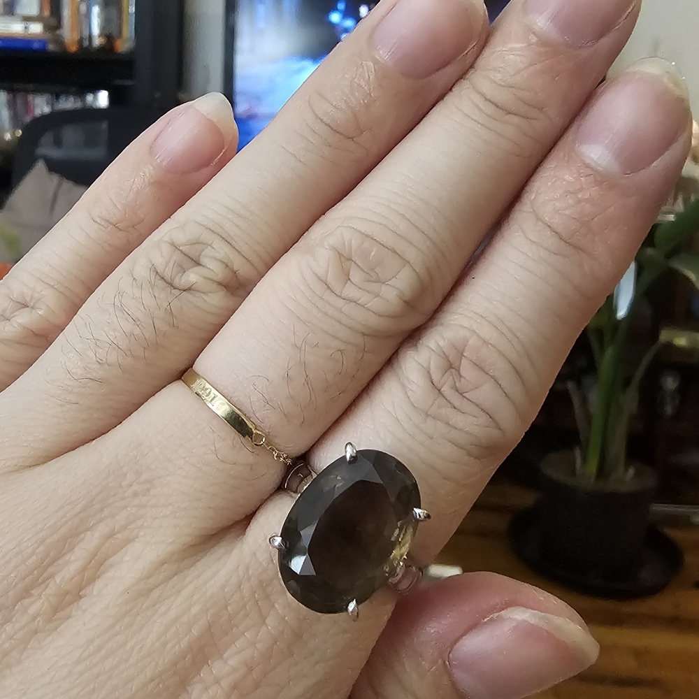 Oval Smoky Quartz Statement Cocktail Ring in Sterling Silver Size 8